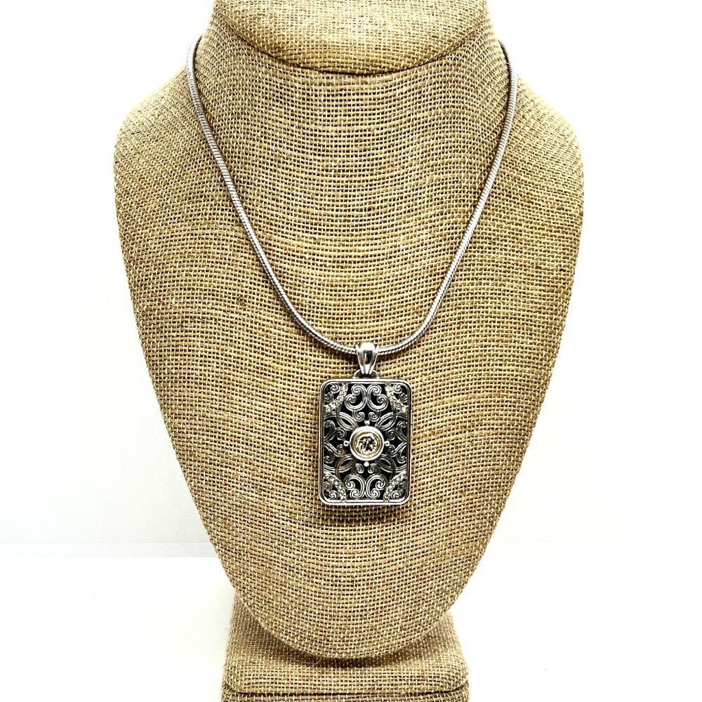 Brighton Silver Scroll Rectangle Pendant Necklace Snake Chain Crystal Medallion